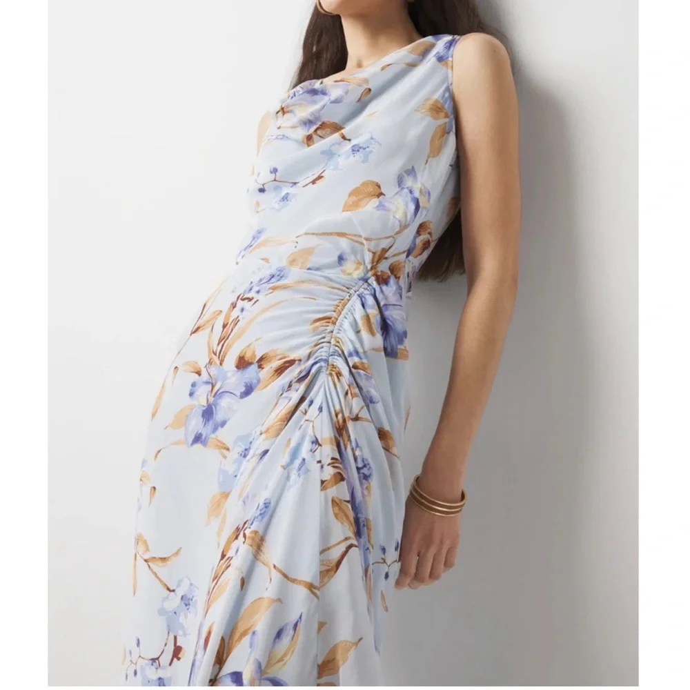 White House Black Market Cowl Neck Ruched Midi Floral Dress Size 10 Light Blue - Picture 2 of 14